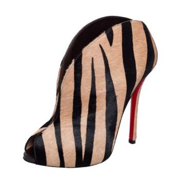 Pre Owned Christian Louboutin Black Beige Zebra Print Pony Hair Chester Fille Ankle Booties Size 38.5