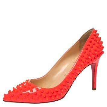 Pre Owned Christian Louboutin Neon Coral Orange Leather Pigalle Spikes  Pumps Size 38.5