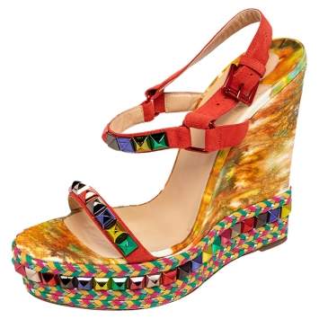 Pre Owned Christian Louboutin Multicolor Studded Suede Cataclou Espadrille Wedge Sandals Size 40