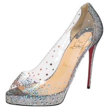 Pre Owned Christian Louboutin  Grey Leather And PVC  Peep Toe  Pumps Size 40