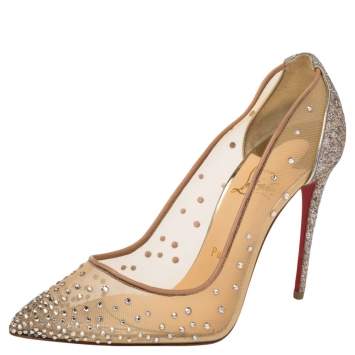 Pre Owned Christian Louboutin  Beige Mesh, Glitter And Leather Follies Strass  Pumps Size 36.5