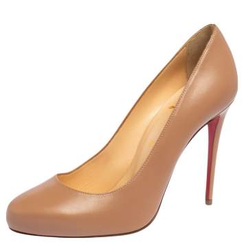 Pre Owned Christian Louboutin Beige Leather Round Toe Pumps Size 38.5
