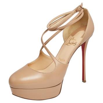 Pre Owned Christian Louboutin Beige Leather Criss Cross Platform Sandals Size 38