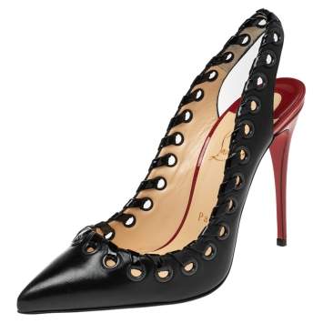 Pre Owned Christian Louboutin Black Leather Whipstitch Ostri Slingback Sandals Size 38