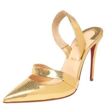 Pre Owned Christian Louboutin Gold Textured Leather Actina Slingback Sandals Size 37.5