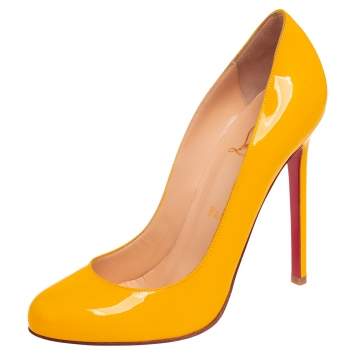 Pre Owned Christian Louboutin Yellow Patent Leather Simple Pumps Size 36.5