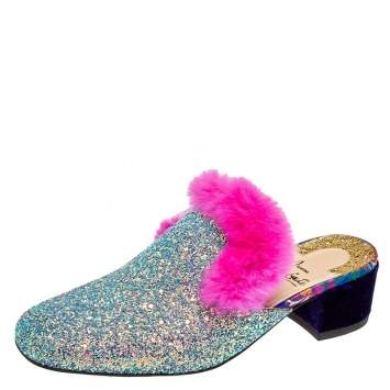 Pre Owned Christian Louboutin Multicolor Glitter & Fur Boudiva Mules Sandals Size 38