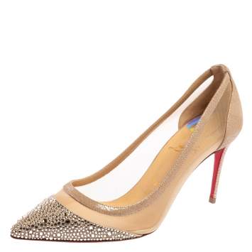 Pre Owned Christian Louboutin Beige Crystal Embellished Mesh And Suede Follies Strass Pumps Size 37