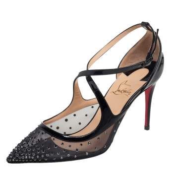 Pre Owned Christian Louboutin Black Mesh And Patent Leather Twistissima Strass Sandals Size 37