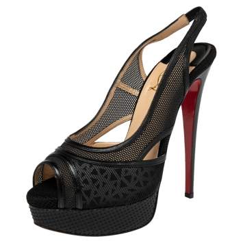 Pre Owned Christian Louboutin Black Mesh, Leather, Patent Leather, And Rubber Trim Marina Slingback Platform Sandals 39.5