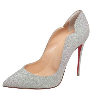 Pre Owned Christian Louboutin Metallic Silver Glitters Hot Chick Pumps Size 38