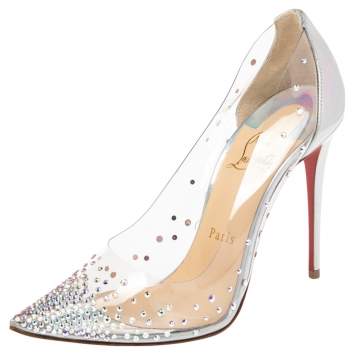 Pre Owned Christian Louboutin Silver Patent Leather And PVC Degrastrass Embellished Pumps Size 37.5