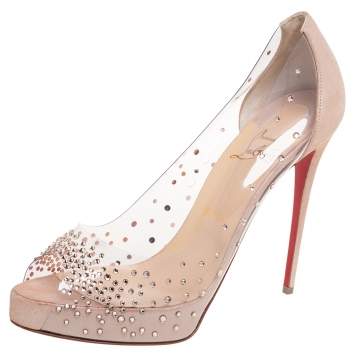 Pre Owned Christian Louboutin Beige Suede and PVC  Very Strass Platform Peep Toe Pumps Size 38.5