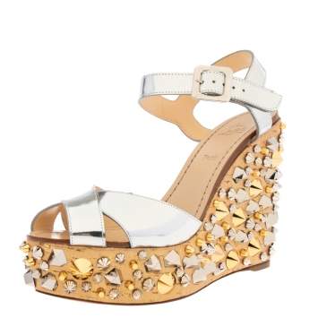 Pre Owned Christian Louboutin Metallic Silver Leather And Fabric Studded Almeria Cork Wedge Sandals Size 38