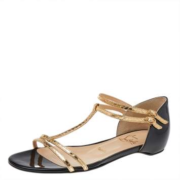 Pre Owned Christian Louboutin Gold/Black Patent And Leather Arnold Strappy Flat Sandals Size 36.5