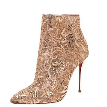Pre Owned Christian Louboutin Beige Net And Mesh Zipper Detail Ankle Boots Size 35
