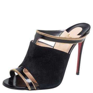 Pre Owned Christian Louboutin Black Leather And Suede Chain Embellished Akenana Sandals Size 36.5