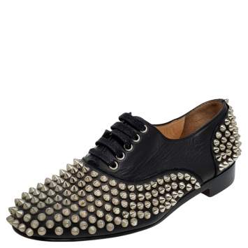 Pre Owned Christian Louboutin Black Leather Freddy Spike Lace Up Oxfords Size 36