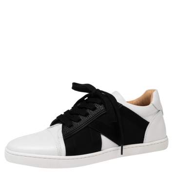 Pre Owned Christian Louboutin Black/White Leather Elastikid Donna Sneakers Size 38