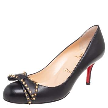 Pre Owned Christian Louboutin Black Leather Ballalarina Spike Pumps Size 36