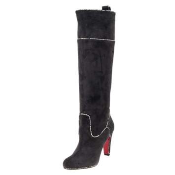 Pre Owned Christian Louboutin Dark Grey Suede And Snakeskin Trim Louloubotta Knee Length Boots Size 36