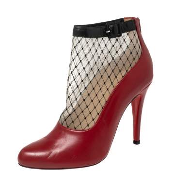 Pre Owned Christian Louboutin Red/Beige Mesh And Leather Fishnet Ankle Boots Size 37 