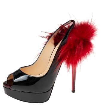 Pre Owned Christian Louboutin Black/Plum Patent Leather Lady Fur Slingback Sandals Size 39