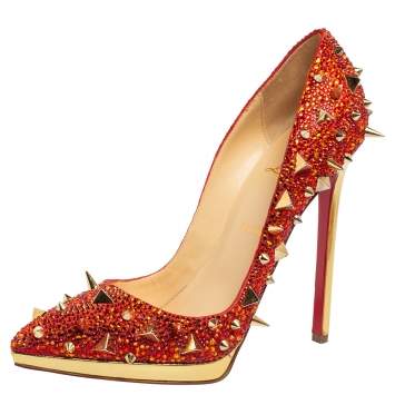 Pre Owned Christian Louboutin Two-Tone Leather Pigalle Plato Strass Potpourri Pumps Size 38.5