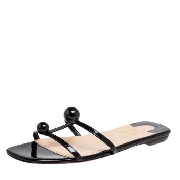 Pre Owned Christian Louboutin Black Patent Leather Antonetta Flat Slides Size 40.5