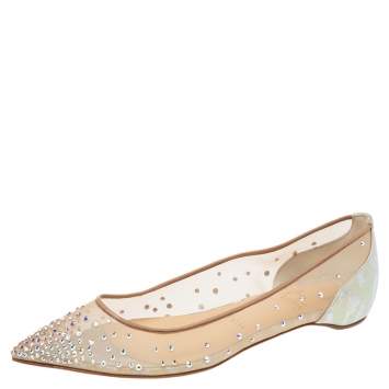 Pre Owned Christian Louboutin Beige Mesh and Iridescent Leather Follies Strass Ballet Flats Size 38