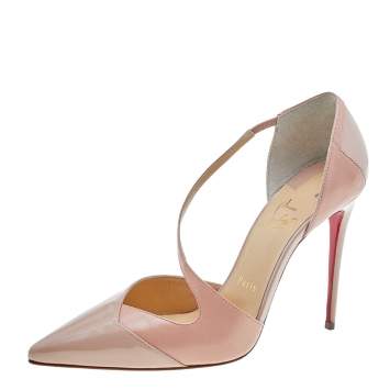 Pre Owned Christian Louboutin Beige Patent And Leather Round And Square Pumps Size 38