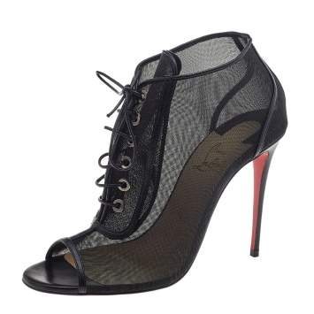 Pre Owned Christian Louboutin Black Mesh Open Ondessa Lace Up Booties Size 38