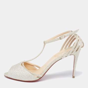 Pre Owned Christian Louboutin Dull Gold Glitter Peep-Toe T-Bar Sandals Size 39