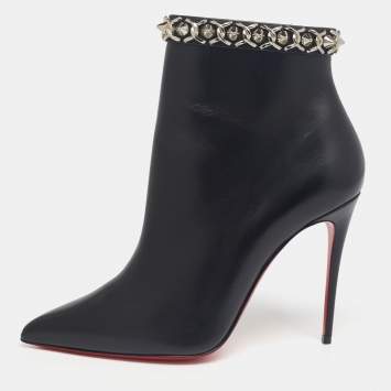 Pre Owned Christian Louboutin Black Leather Booty Chain Spiked Boots 37.5