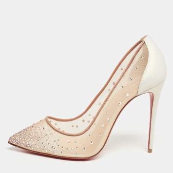 Pre Owned Christian Louboutin Beige Mesh Follies Strass Pumps Size 40