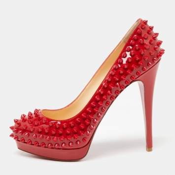 Pre Owned Christian Louboutin Red Patent Leather Pigalle Spikes Platform Pumps Size 38