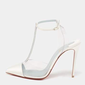 Pre Owned Christian Louboutin Ivory Satin and PVC Nosy T-Strap Pumps Size 38.5