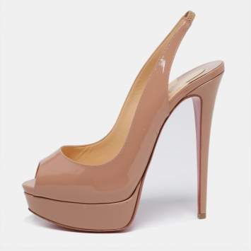 Pre Owned Christian Louboutin Beige Patent Leather Lady Peep Platform Sandals Size 39.5