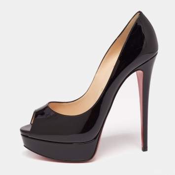 Pre Owned Christian Louboutin Black Patent Leather Lady Peep Platform Pumps Size 39