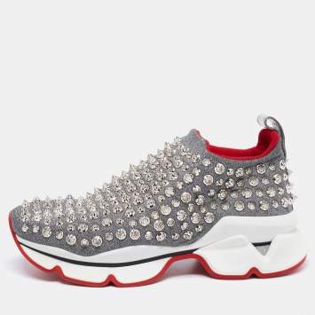 Pre Owned Christian Louboutin Silver Neoprene Spike Sock Platform Slip On Sneakers Size 37.5
