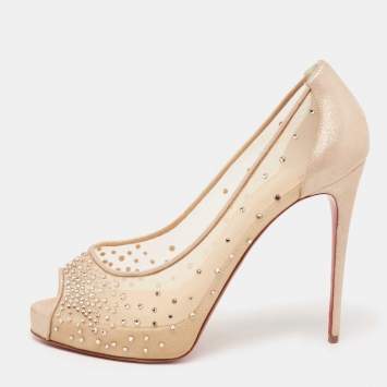 Pre Owned Christian Louboutin Beige Crystal Embellished Mesh and Laminated Suede Very Strass Peep-Toe Pumps Size 40