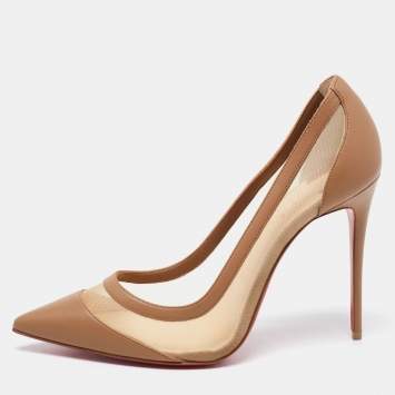 Pre Owned Christian Louboutin Beige Leather And Mesh Galativi Pointed Toe Pumps Size 39