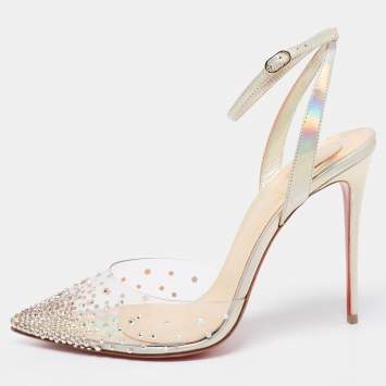 Pre Owned Christian Louboutin Multicolor Iridescent Leather and PVC Spikaqueen Ankle-Strap Pumps Size 39