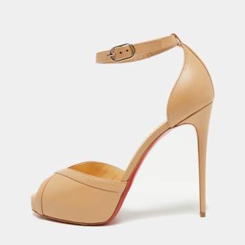 Pre Owned Christian Louboutin Beige Leather Very Cathy Ankle-Strap Sandals Size 40 