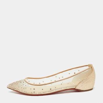 مملوكة مسبقًا Christian Louboutin Beige Mesh and Leather Body Strass Ballet Flats Size 35.5