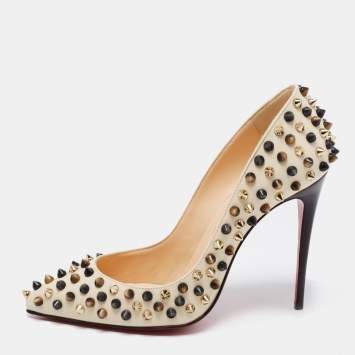 Pre Owned Christian Louboutin Cream Leather Follies Spikes Pumps Size 35