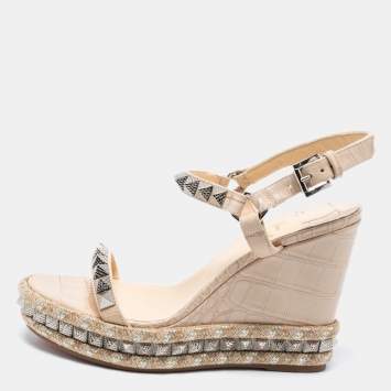 Pre Owned Christian Louboutin Beige Croc Embossed Leather Cataclou Ankle-Strap Wedge Platform Sandals Size 40