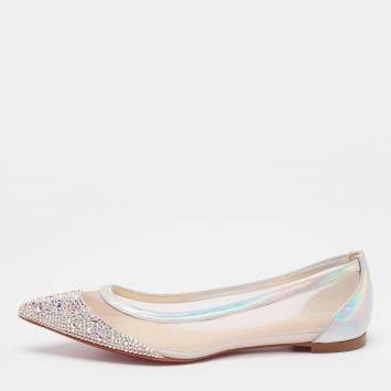 Pre Owned Christian Louboutin Light Pink Mesh, Iridescent Leather and Suede Galativi Strass Ballet Flats Size 35.5
