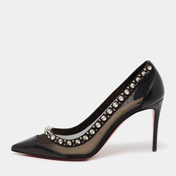 Pre Owned Christian Louboutin Black Leather and Mesh Galativi Spikes Pumps Size 36