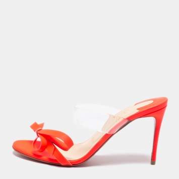 Pre Owned Christian Louboutin Neon Pink Leather and PVC Band Knot Just Nodo Slide Sandals Size 37